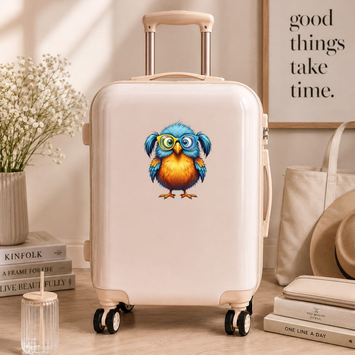 Bird With Big Yellow Glasses Pigtails UV DTF sticker applied to a cream carry-on suitcase