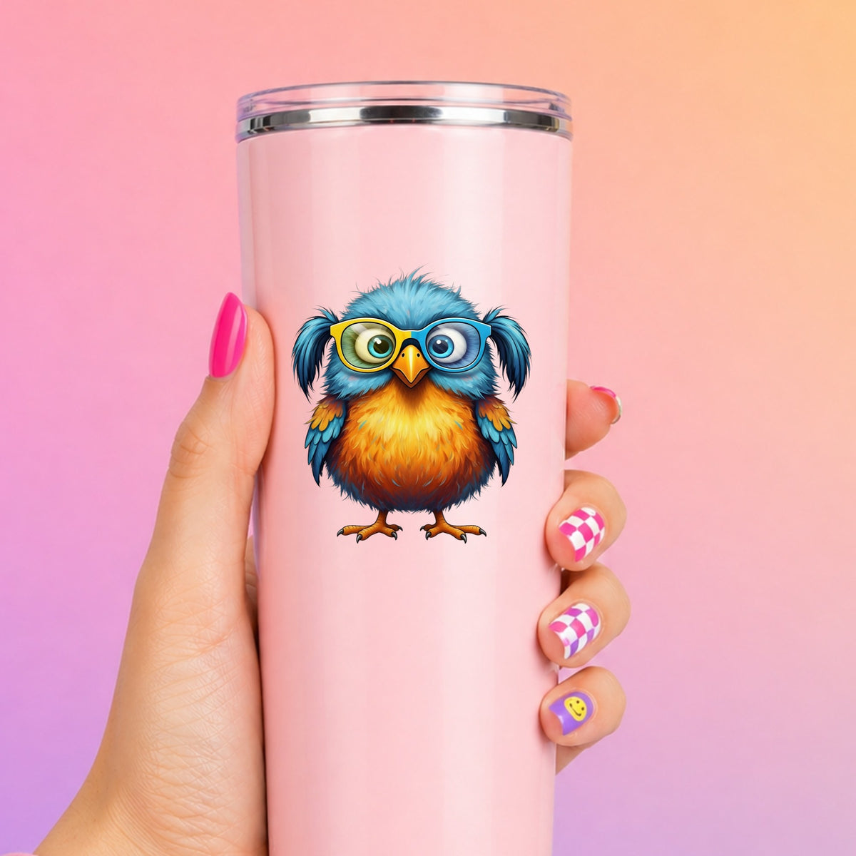 Bird With Big Yellow Glasses Pigtails UV DTF sticker applied to a tall pink tumbler on a pink and orange background