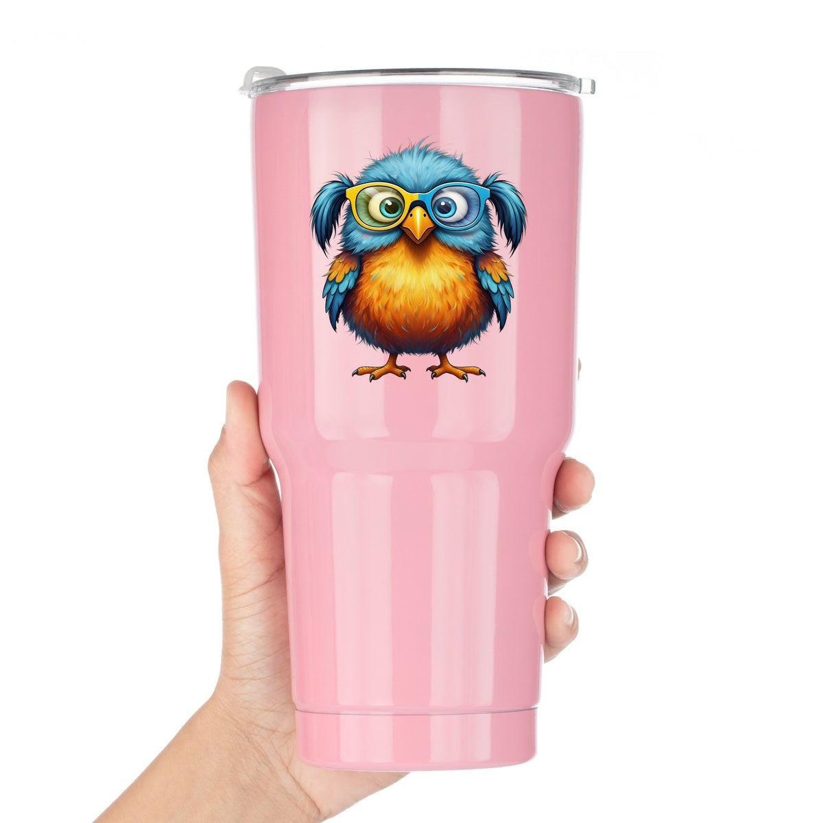 Bird With Big Yellow Glasses Pigtails UV DTF sticker applied to a pink tumbler held against a white background