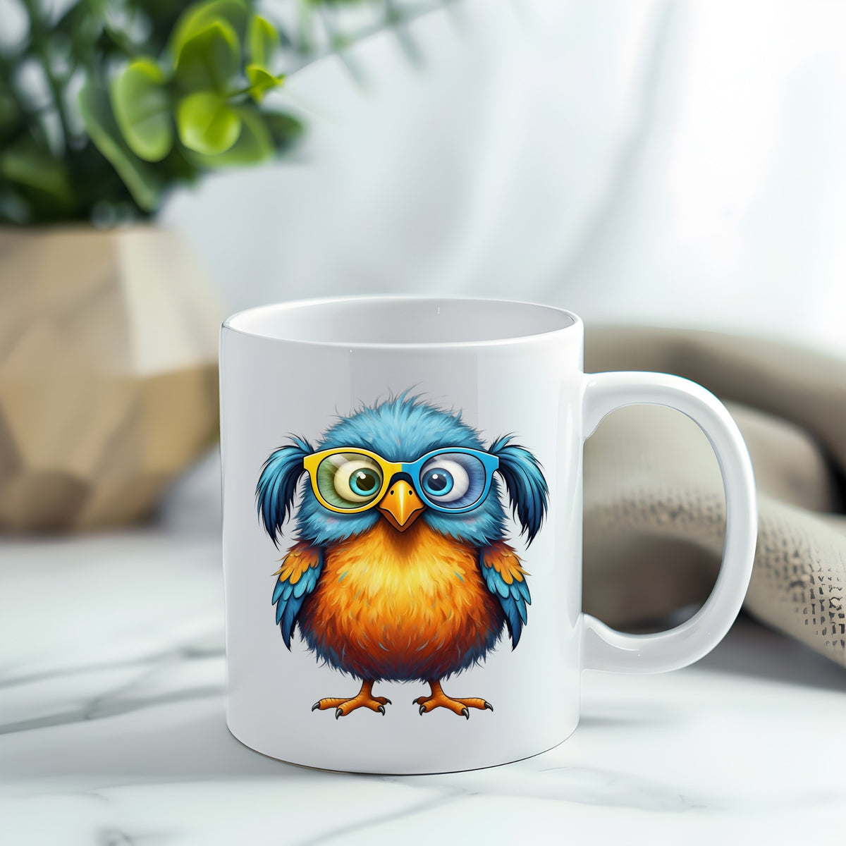 Bird With Big Yellow Glasses Pigtails UV DTF sticker applied to a white coffee mug