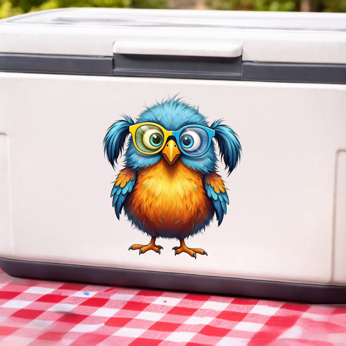 Bird With Big Yellow Glasses Pigtails UV DTF sticker applied to a white cooler on a red gingham cloth