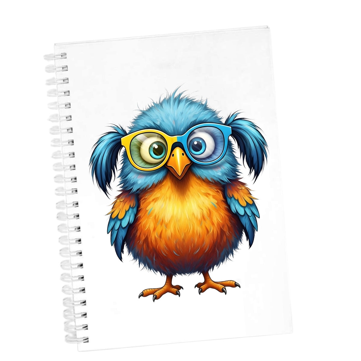 Bird With Big Yellow Glasses Pigtails UV DTF sticker applied to the cover of a white spiral journal