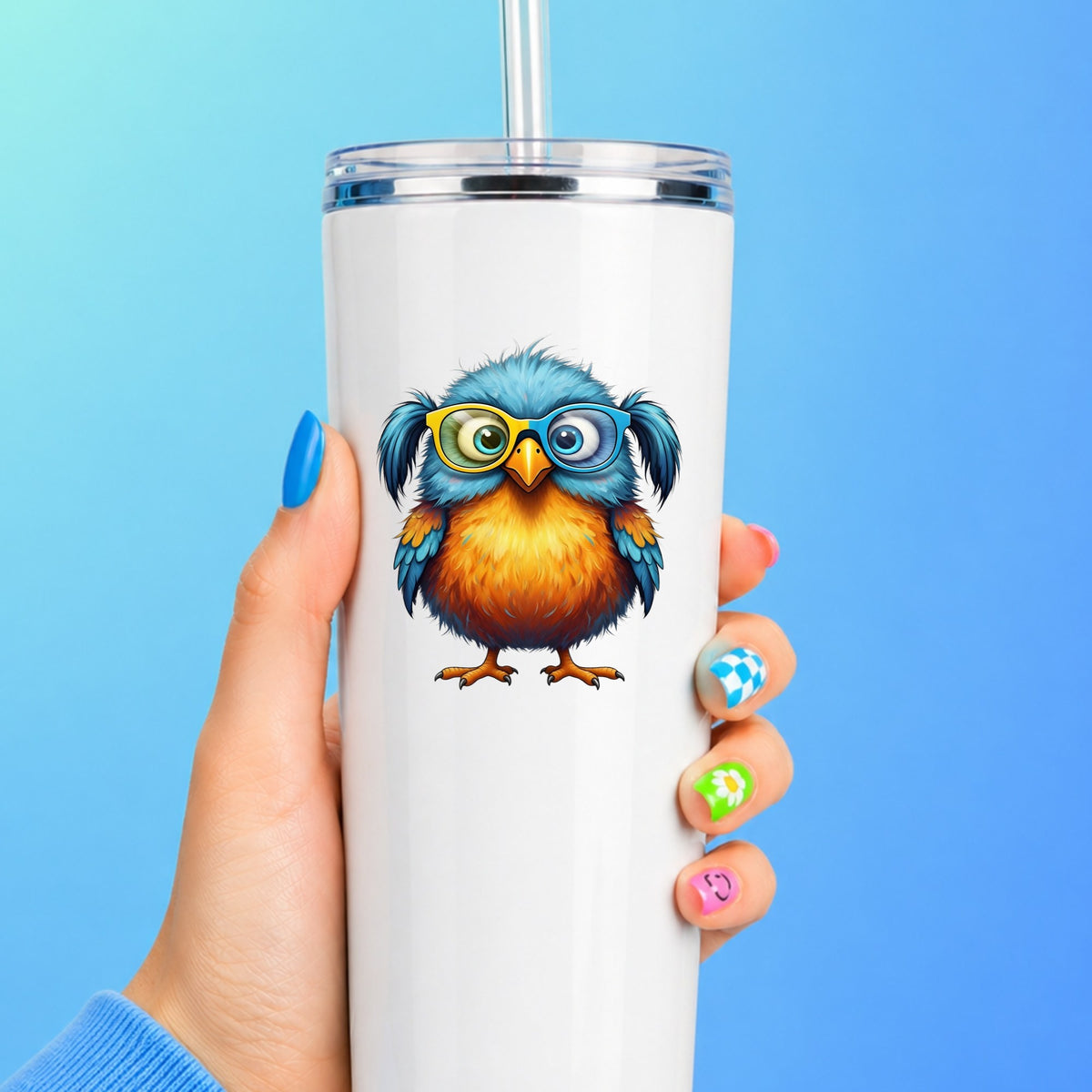 Bird With Big Yellow Glasses Pigtails UV DTF sticker applied to a white straw tumbler on a blue background