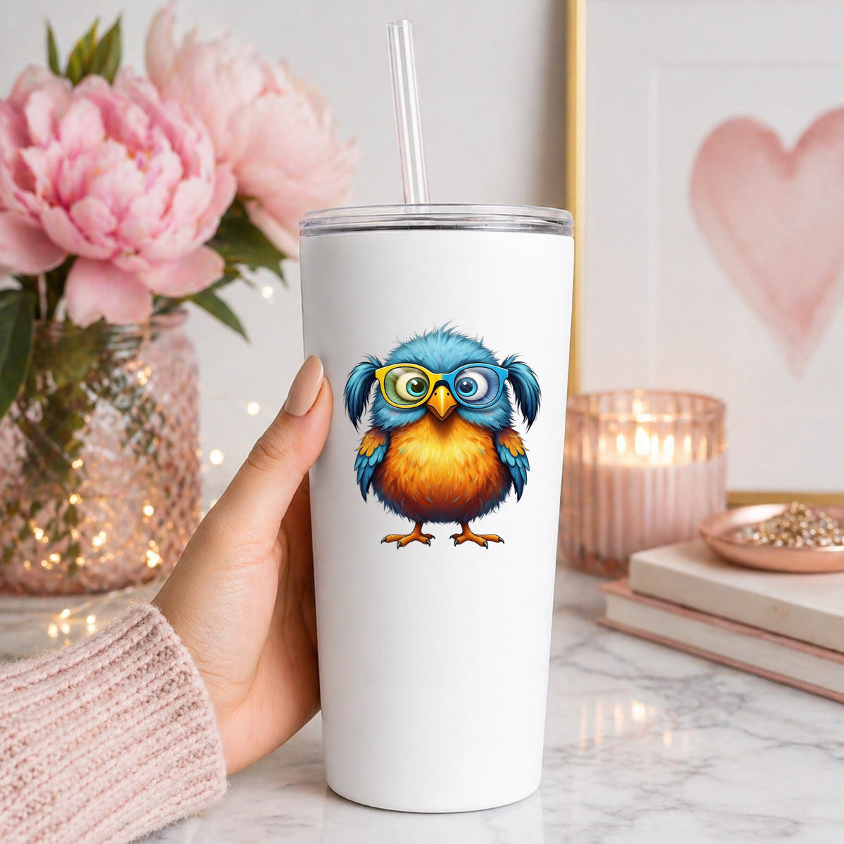 Bird With Big Yellow Glasses Pigtails UV DTF sticker applied to a white straw tumbler beside pink peonies