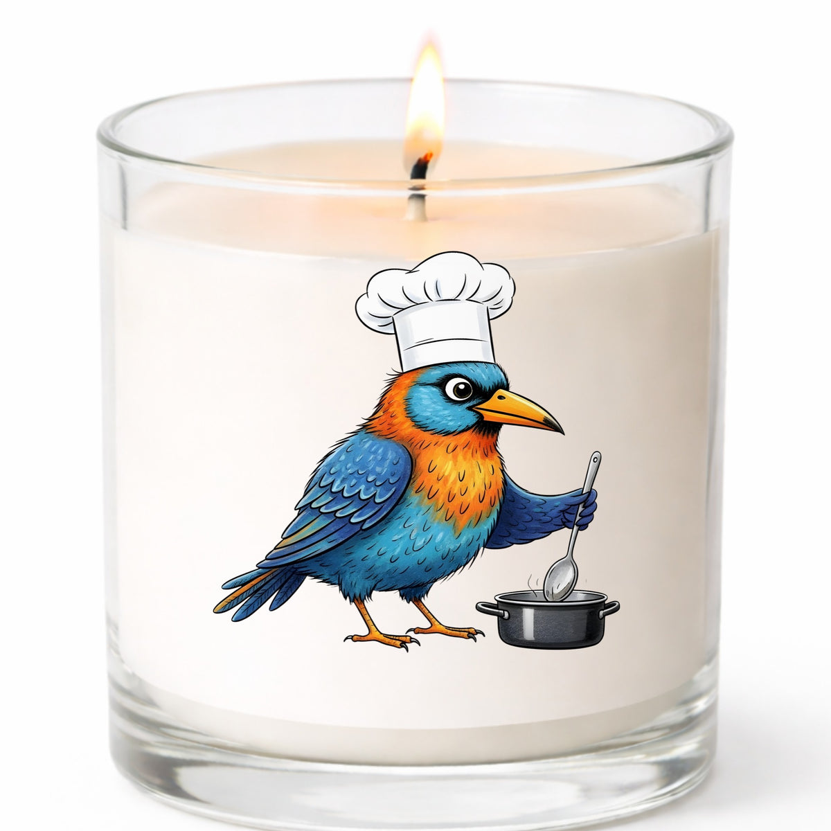Chef Bird Cooking Pot UV DTF sticker applied to a white candle in a clear glass jar