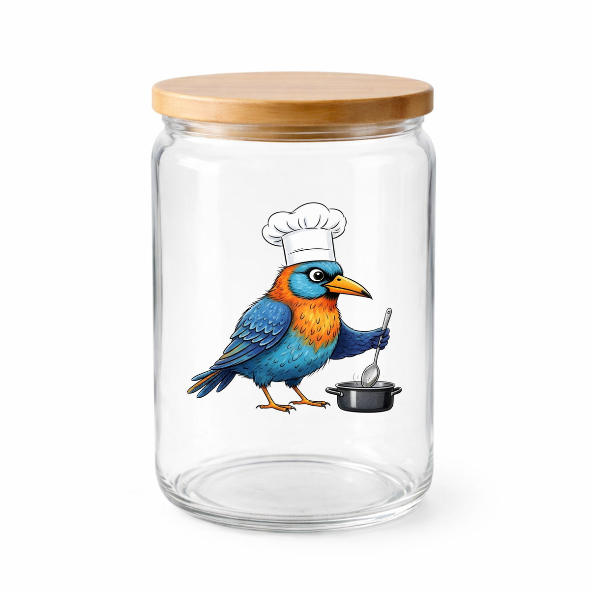 Chef Bird Cooking Pot UV DTF sticker applied to a clear glass jar with a wooden lid