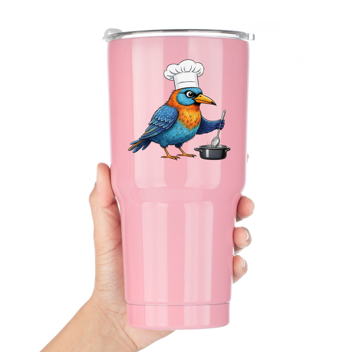 Chef Bird Cooking Pot UV DTF sticker applied to a pink tumbler held against a white background