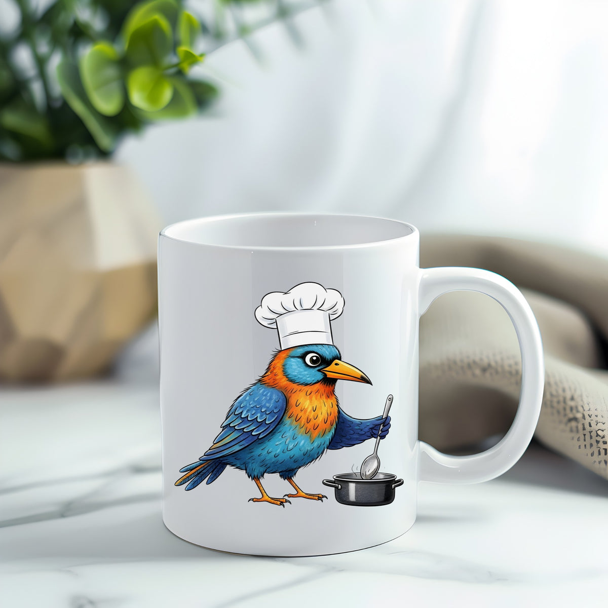 Chef Bird Cooking Pot UV DTF sticker applied to a white coffee mug