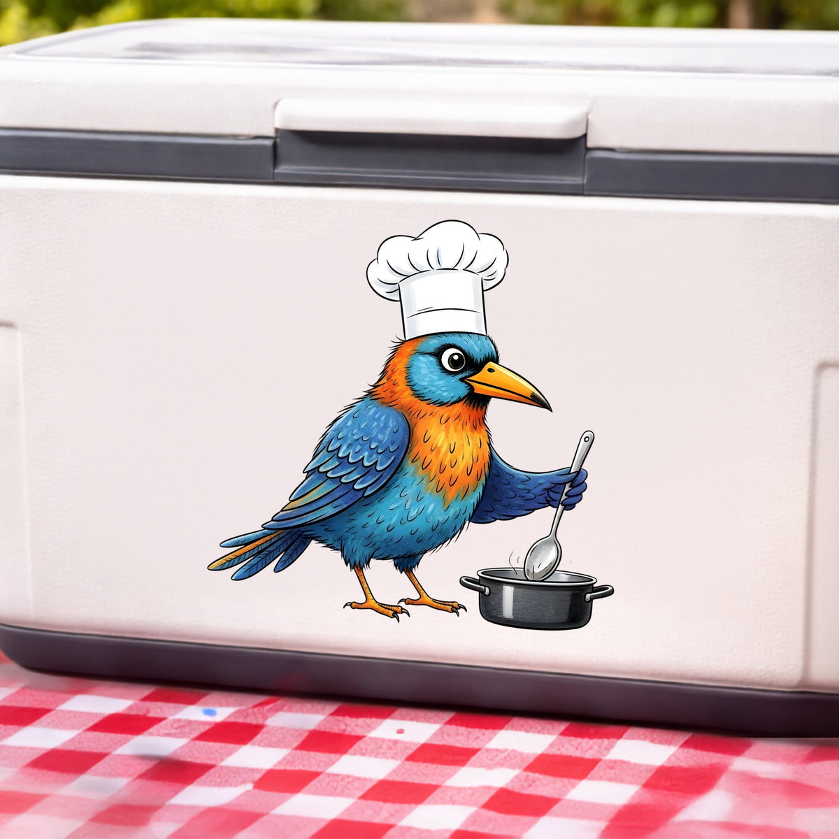 Chef Bird Cooking Pot UV DTF sticker applied to a white cooler on a red gingham cloth