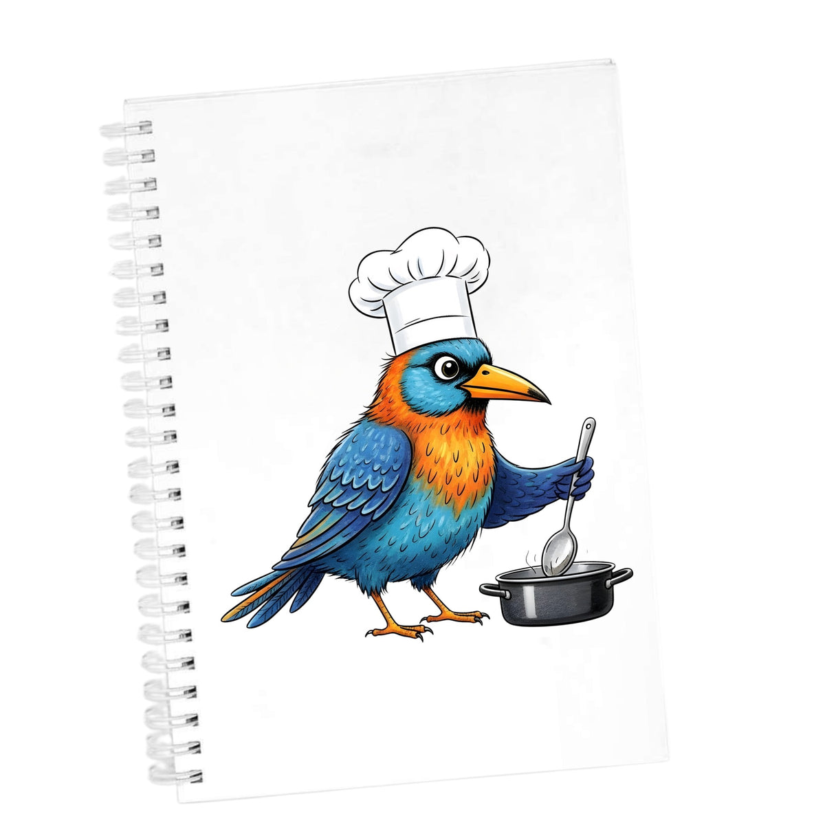 Chef Bird Cooking Pot UV DTF sticker applied to the cover of a white spiral journal