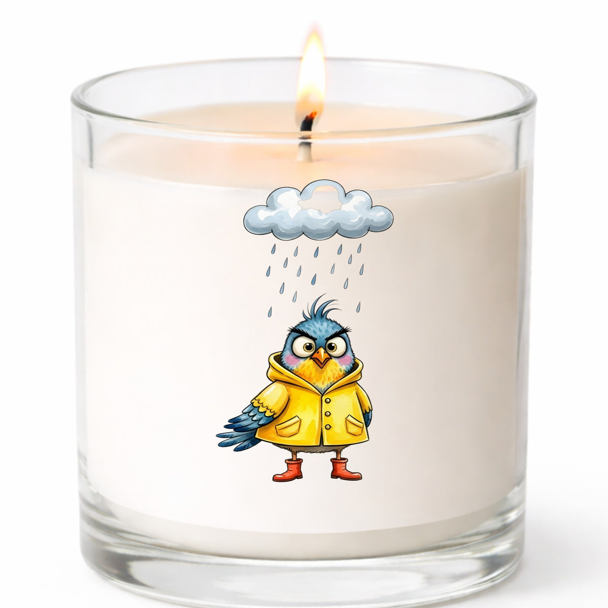 Rain Cloud Bird Yellow Raincoat UV DTF sticker applied to a white candle in a clear glass jar