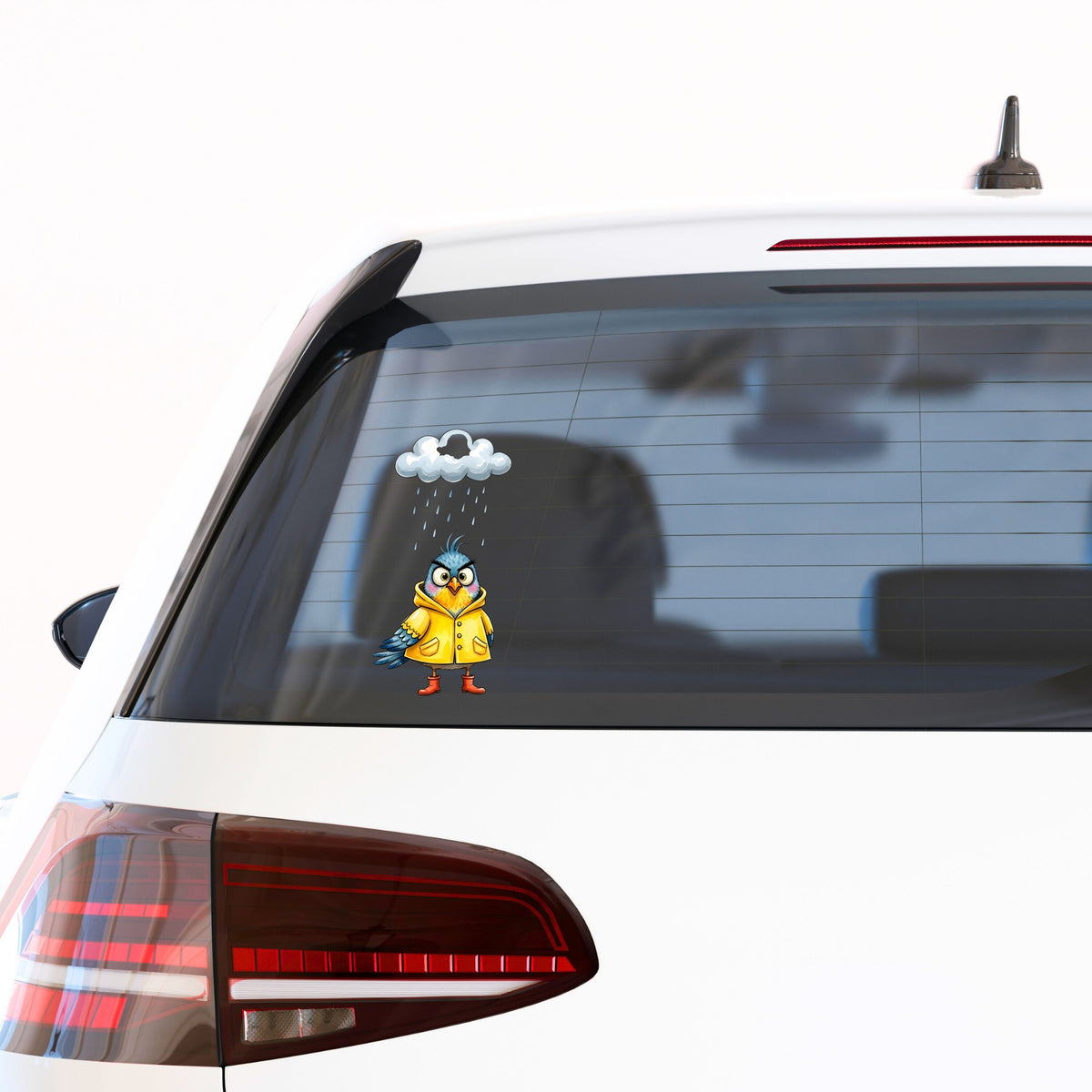 Rain Cloud Bird Yellow Raincoat UV DTF sticker applied to the rear window of a white car