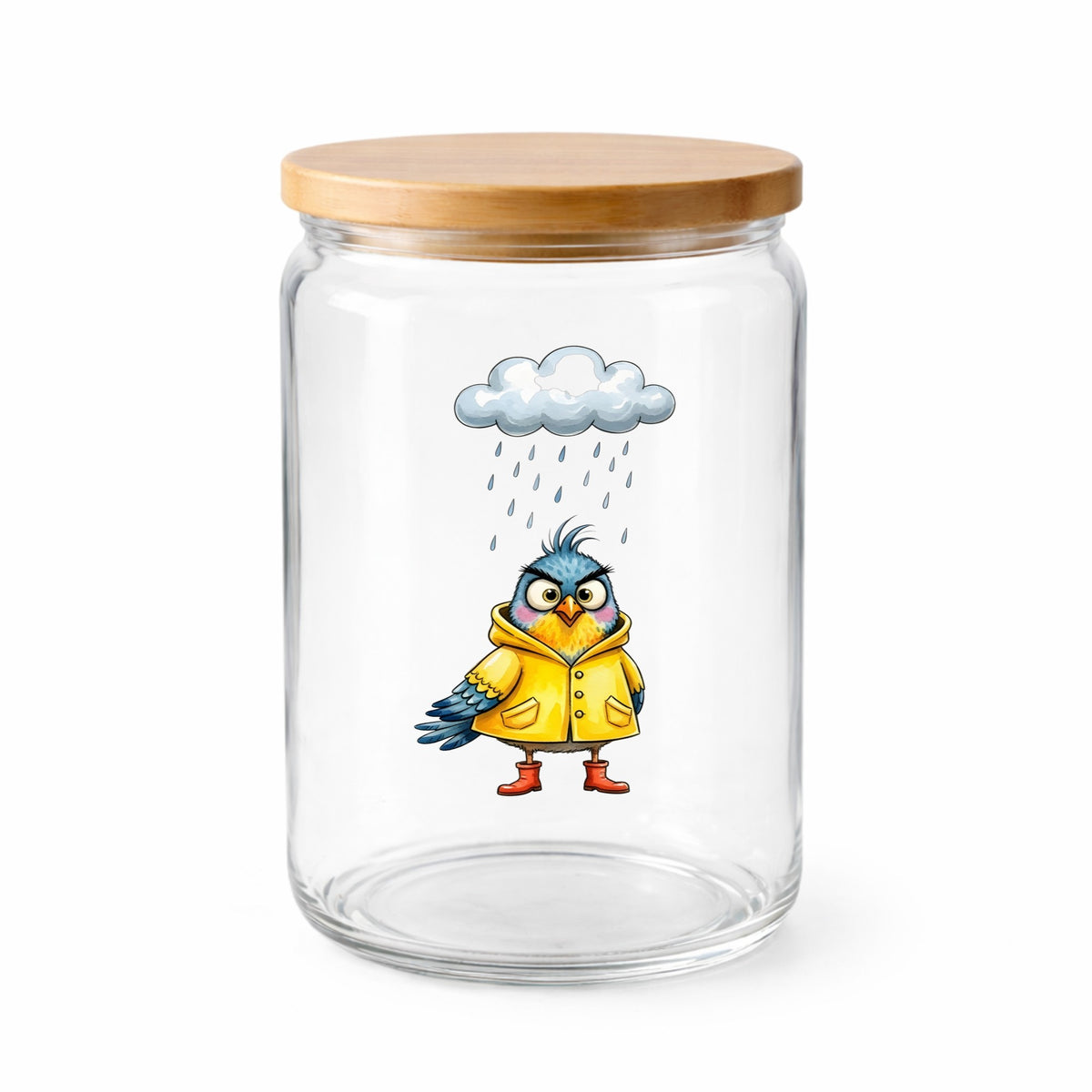 Rain Cloud Bird Yellow Raincoat UV DTF sticker applied to a clear glass jar with a wooden lid