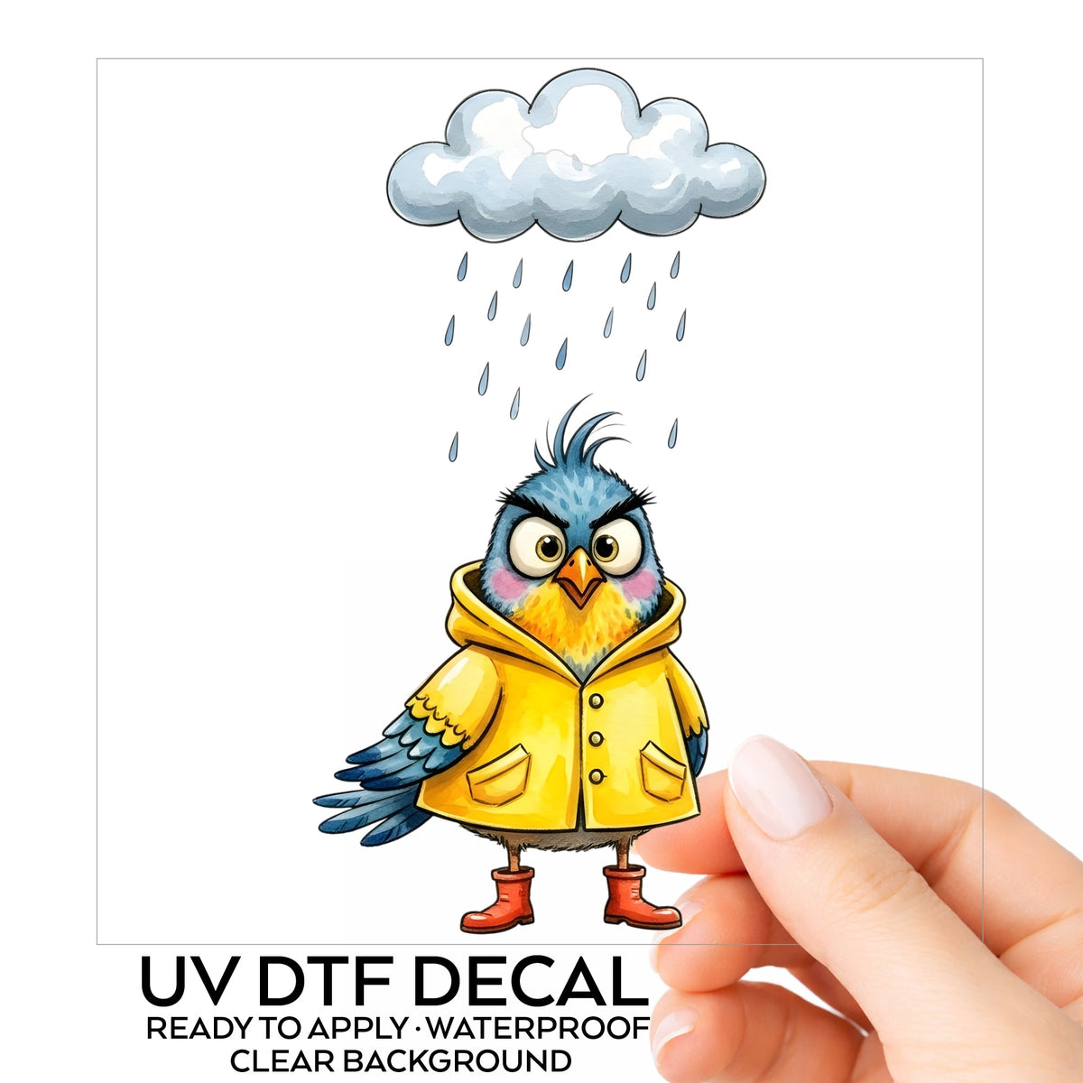 Rain Cloud Bird Yellow Raincoat UV DTF sticker on its backing card, held in hand