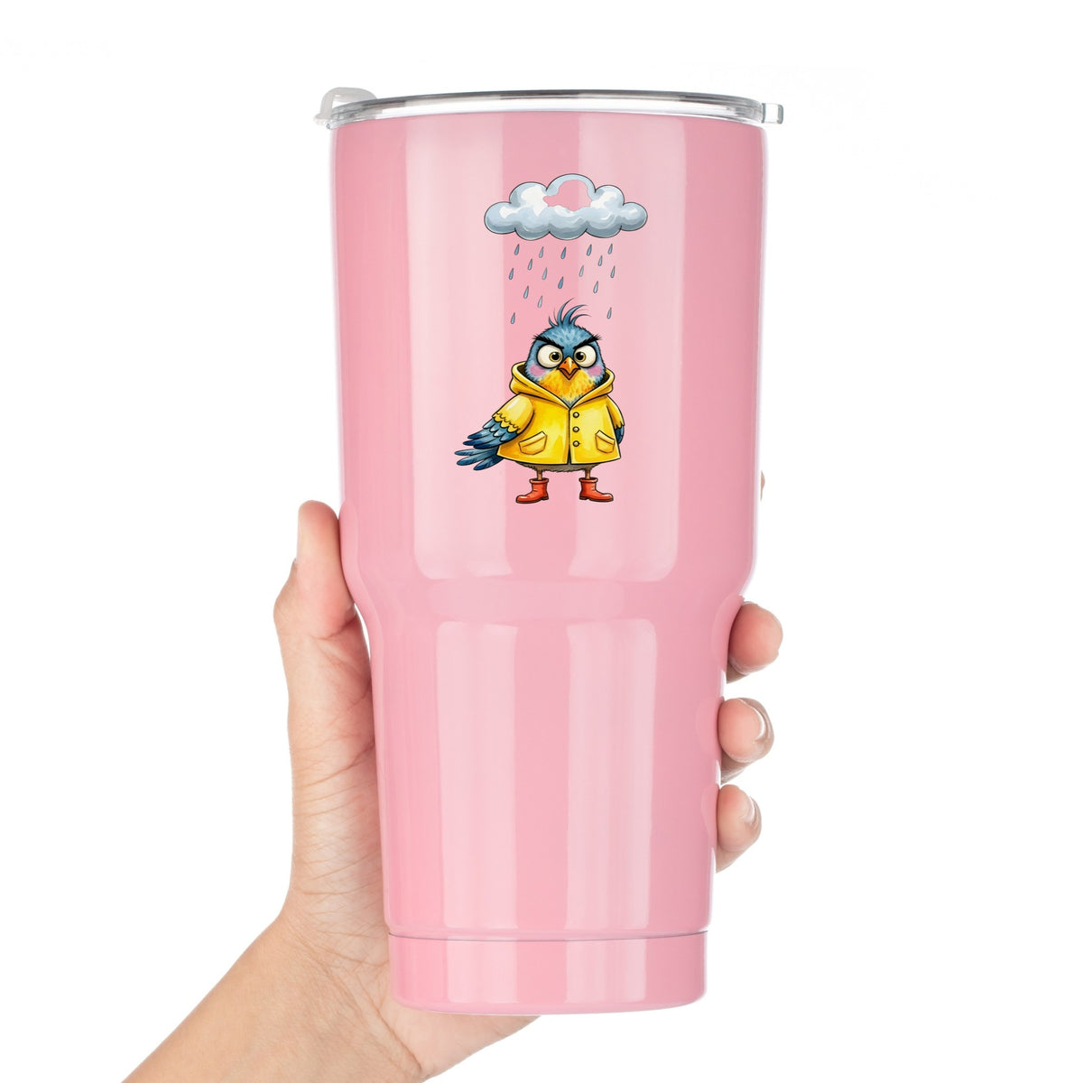 Rain Cloud Bird Yellow Raincoat UV DTF sticker applied to a pink tumbler held against a white background