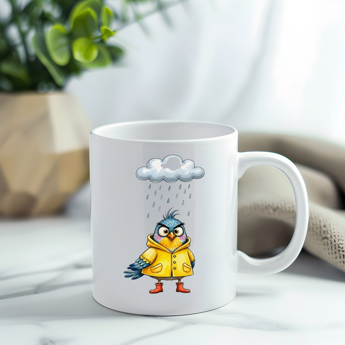 Rain Cloud Bird Yellow Raincoat UV DTF sticker applied to a white coffee mug