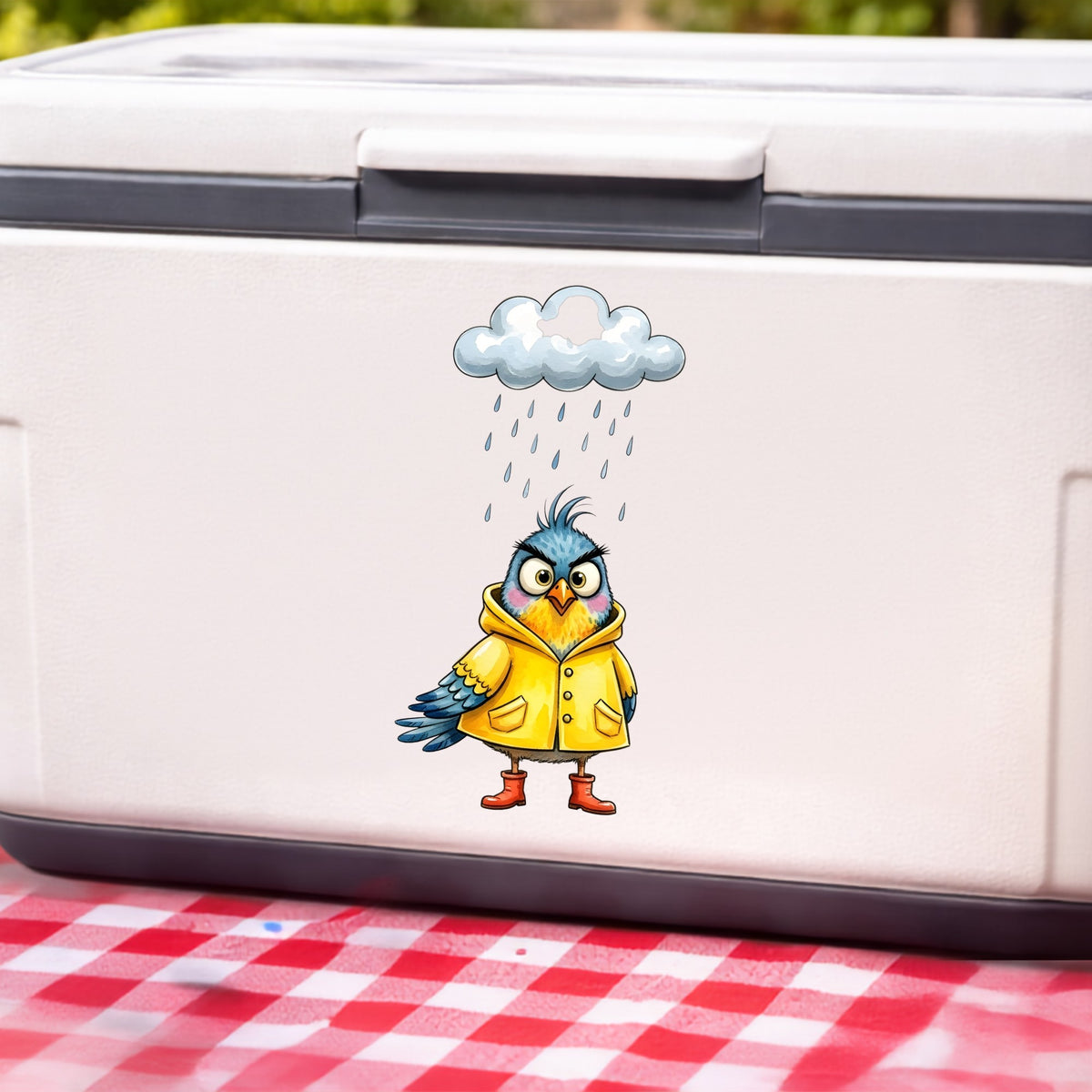 Rain Cloud Bird Yellow Raincoat UV DTF sticker applied to a white cooler on a red gingham cloth