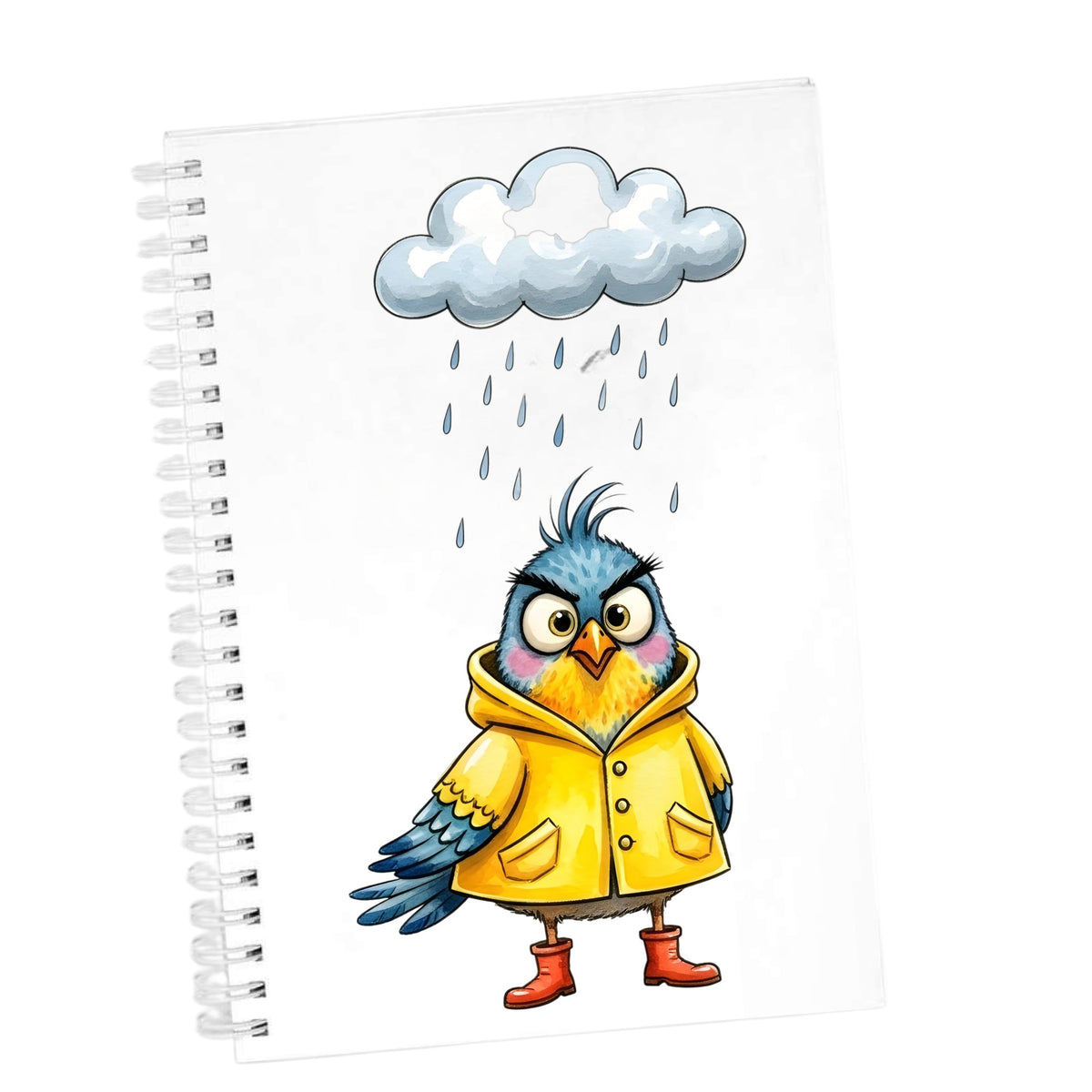 Rain Cloud Bird Yellow Raincoat UV DTF sticker applied to the cover of a white spiral journal