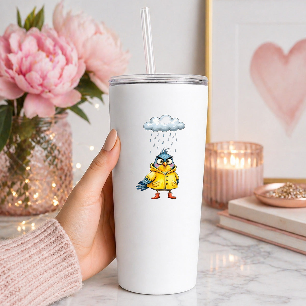Rain Cloud Bird Yellow Raincoat UV DTF sticker applied to a white straw tumbler beside pink peonies
