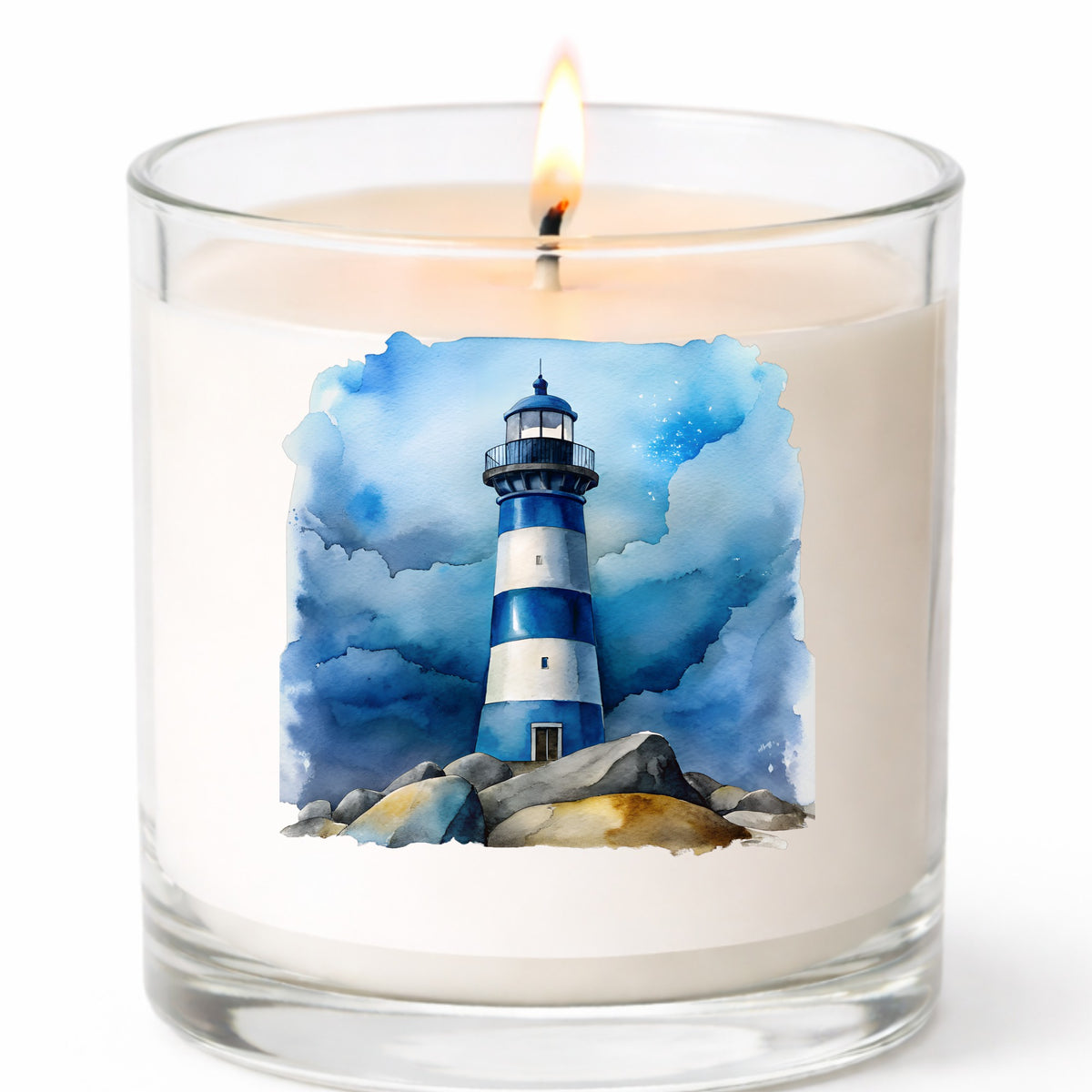 Blue Striped Lighthouse On Rocks UV DTF sticker applied to a white candle in a clear glass jar