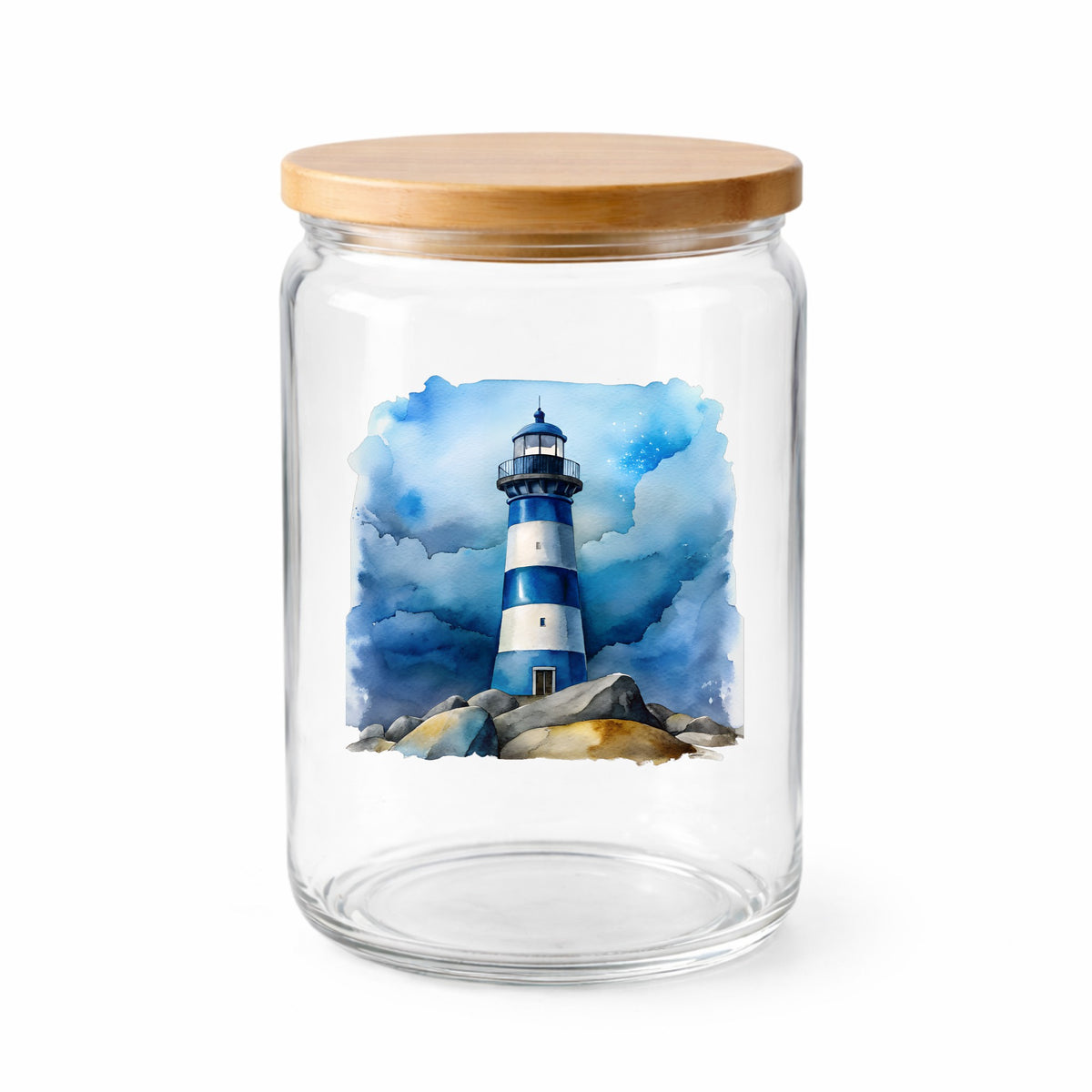 Blue Striped Lighthouse On Rocks UV DTF sticker applied to a clear glass jar with a wooden lid