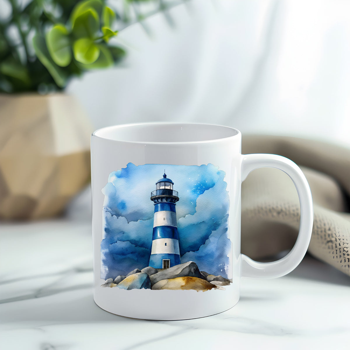 Blue Striped Lighthouse On Rocks UV DTF sticker applied to a white coffee mug