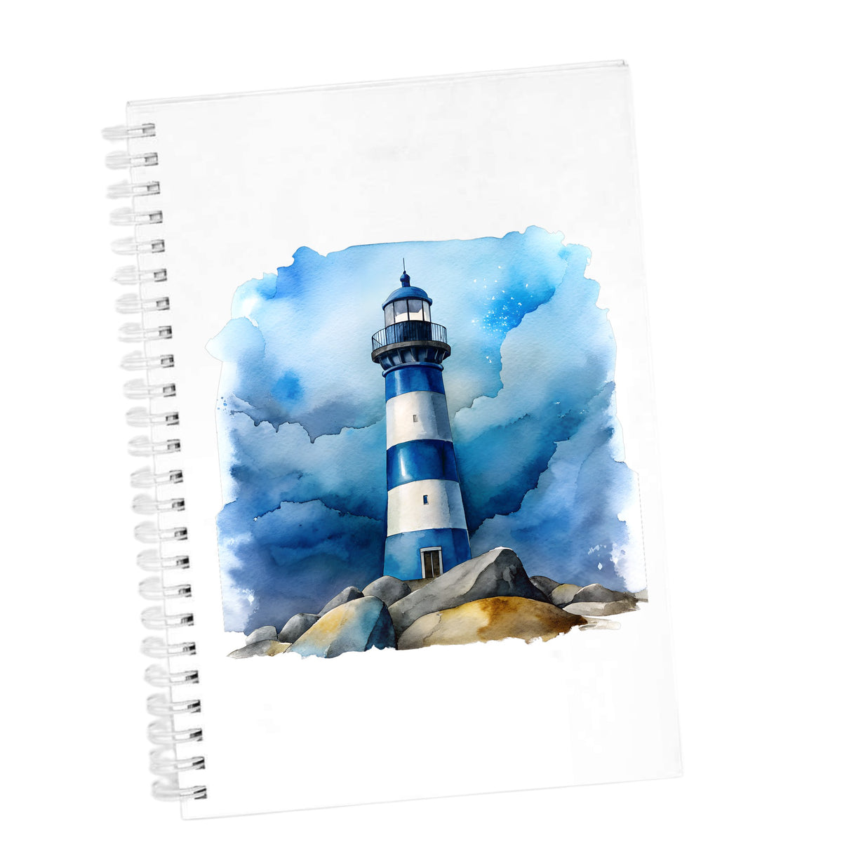 Blue Striped Lighthouse On Rocks UV DTF sticker applied to the cover of a white spiral journal