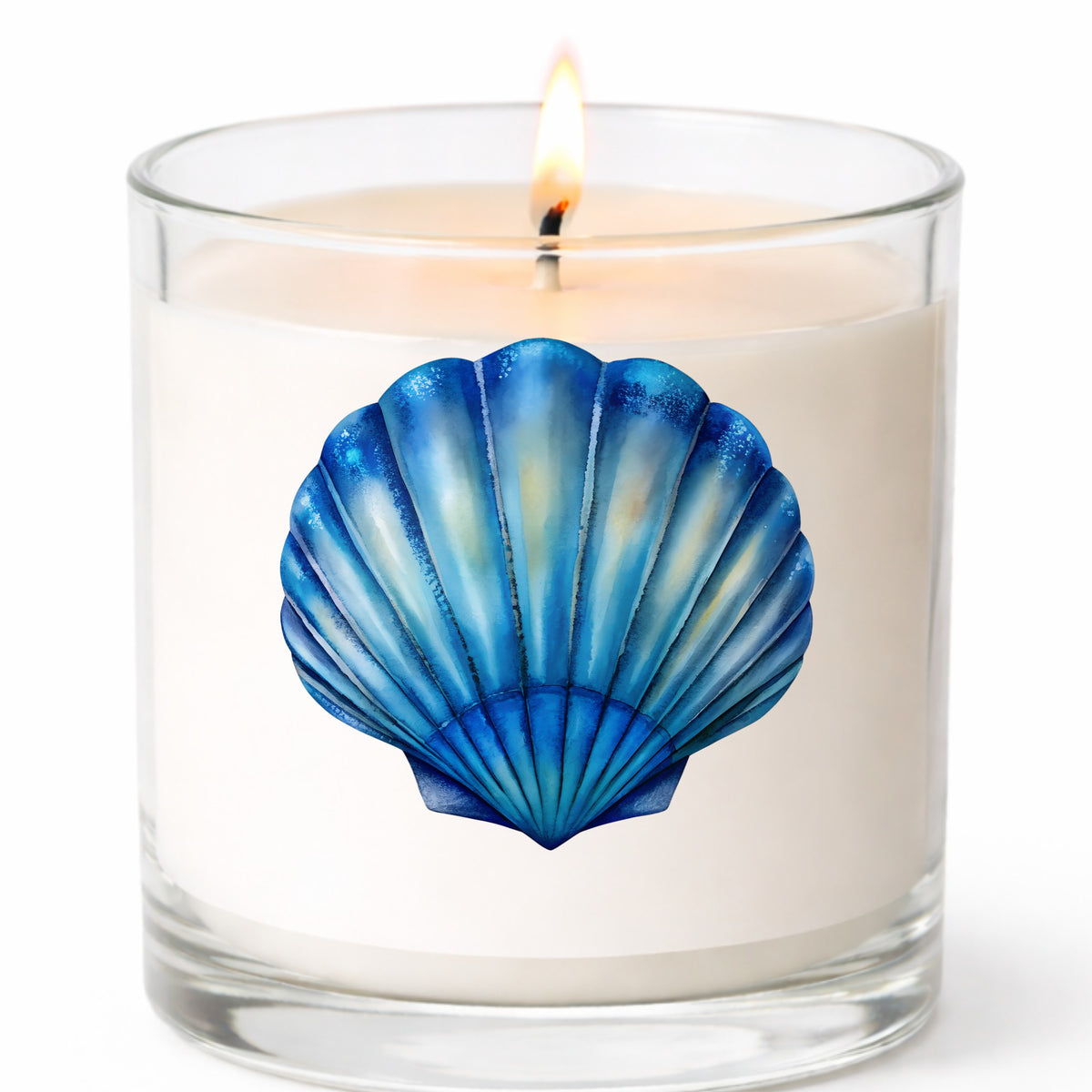 Blue Scallop Seashell UV DTF sticker applied to a white candle in a clear glass jar