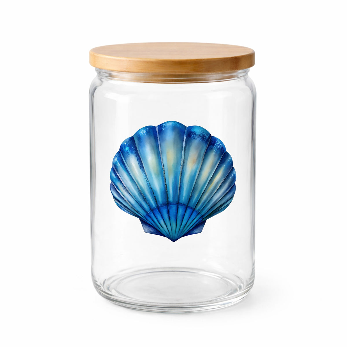 Blue Scallop Seashell UV DTF sticker applied to a clear glass jar with a wooden lid