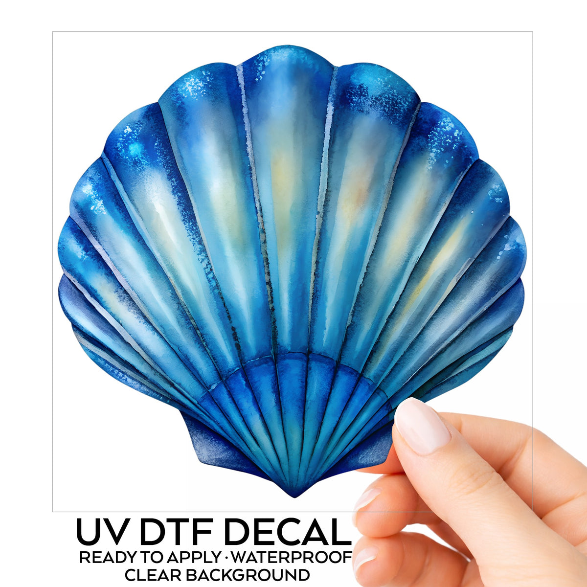 Blue Scallop Seashell UV DTF sticker on its backing card, held in hand