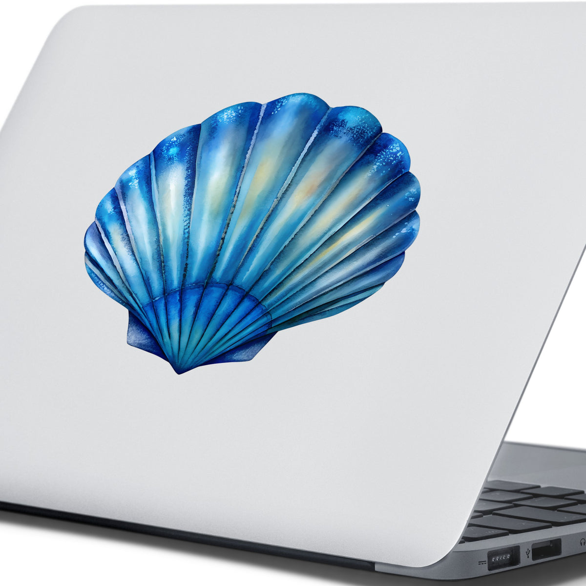 Blue Scallop Seashell UV DTF sticker applied to the lid of a silver laptop