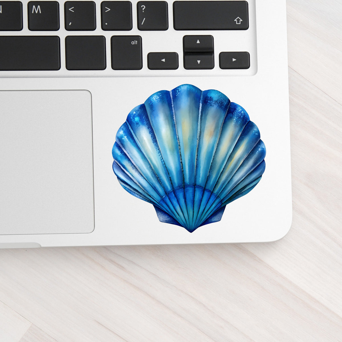 Blue Scallop Seashell UV DTF sticker applied to a silver laptop beside the keyboard