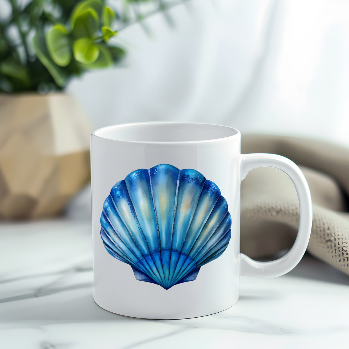 Blue Scallop Seashell UV DTF sticker applied to a white coffee mug