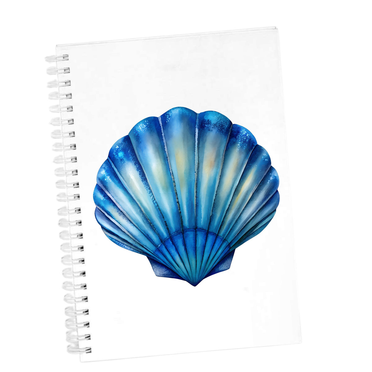 Blue Scallop Seashell UV DTF sticker applied to the cover of a white spiral journal