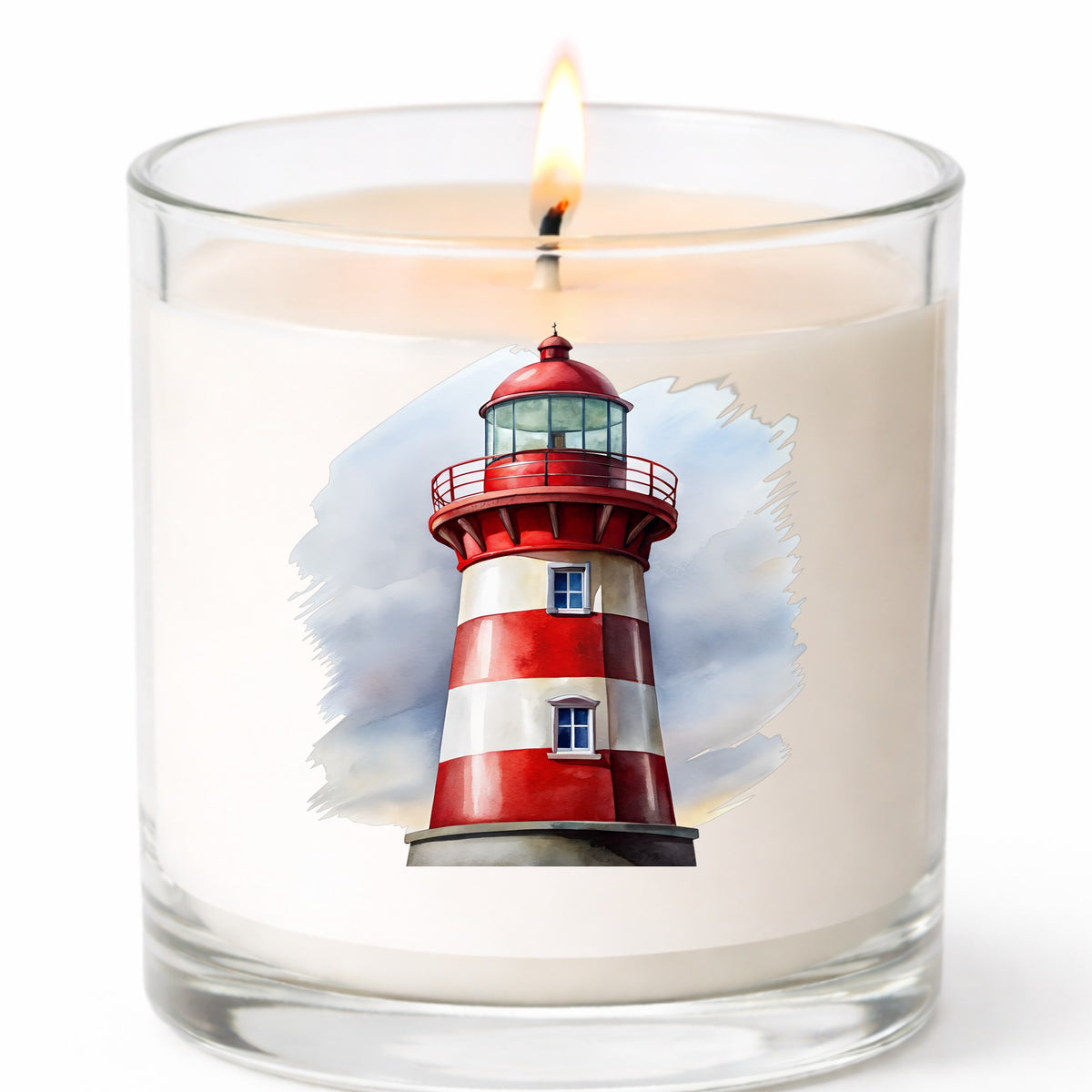 Red And White Lighthouse UV DTF sticker applied to a white candle in a clear glass jar