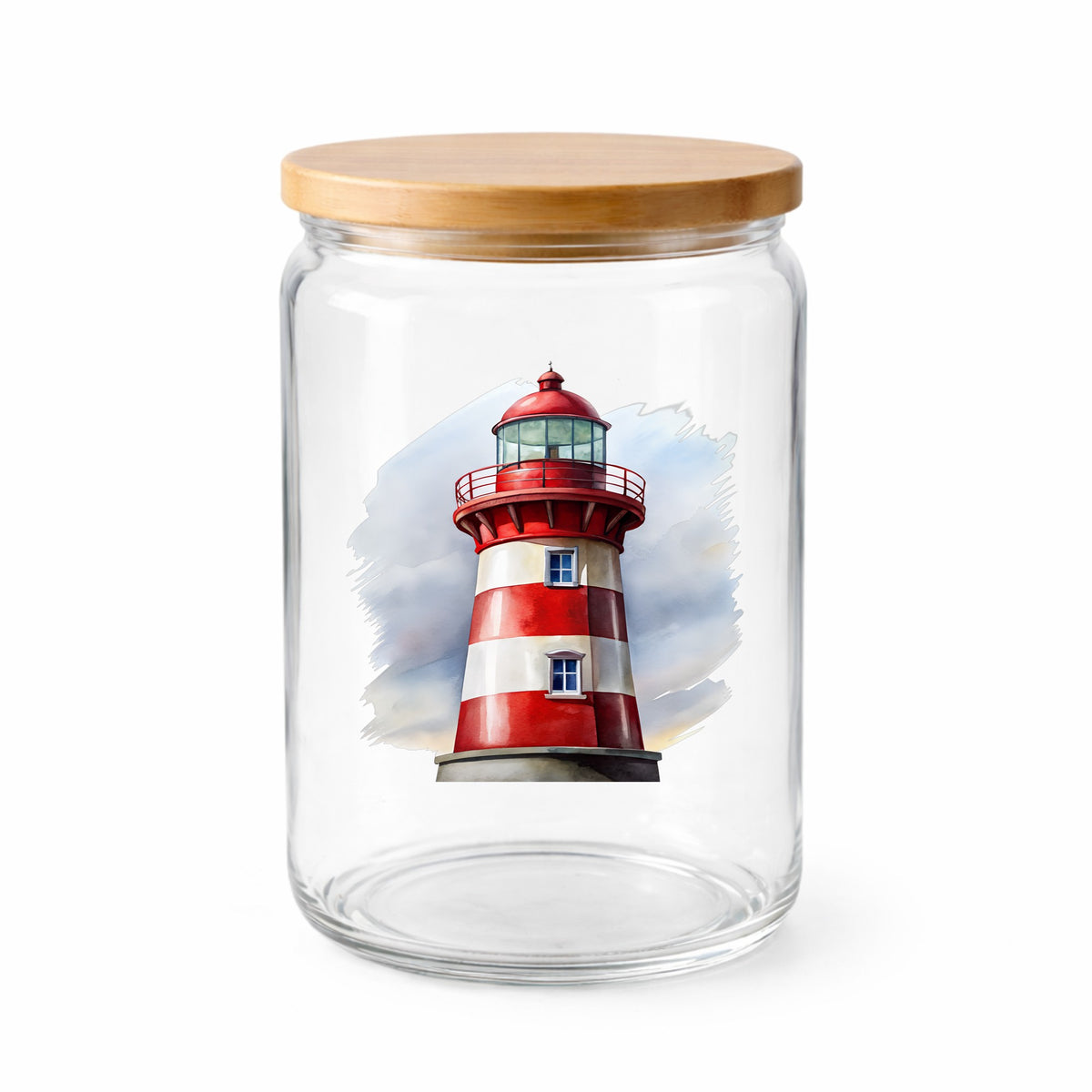 Red And White Lighthouse UV DTF sticker applied to a clear glass jar with a wooden lid