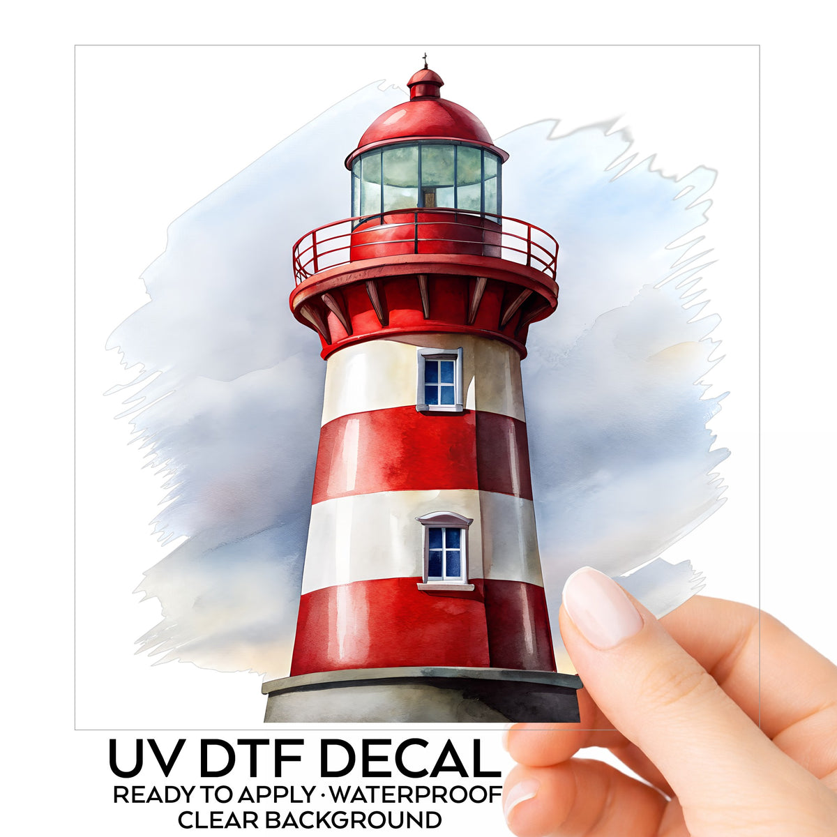 Red And White Lighthouse UV DTF sticker on its backing card, held in hand