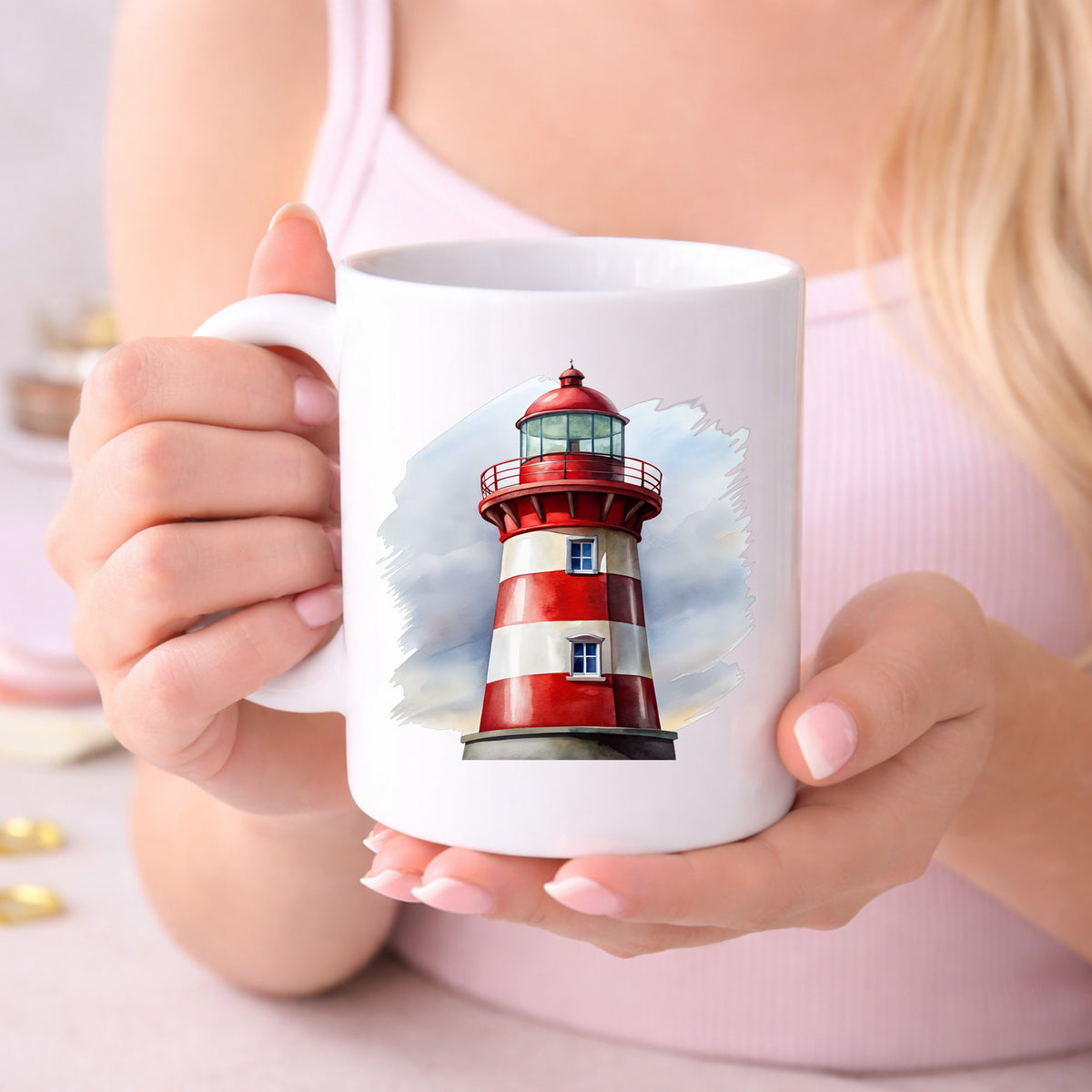 Red And White Lighthouse UV DTF sticker applied to a white coffee mug held in both hands