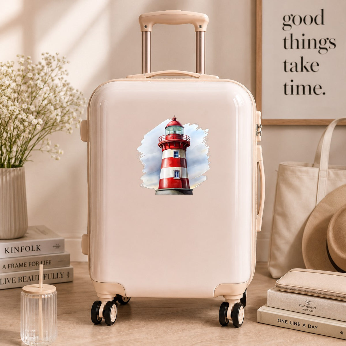 Red And White Lighthouse UV DTF sticker applied to a cream carry-on suitcase