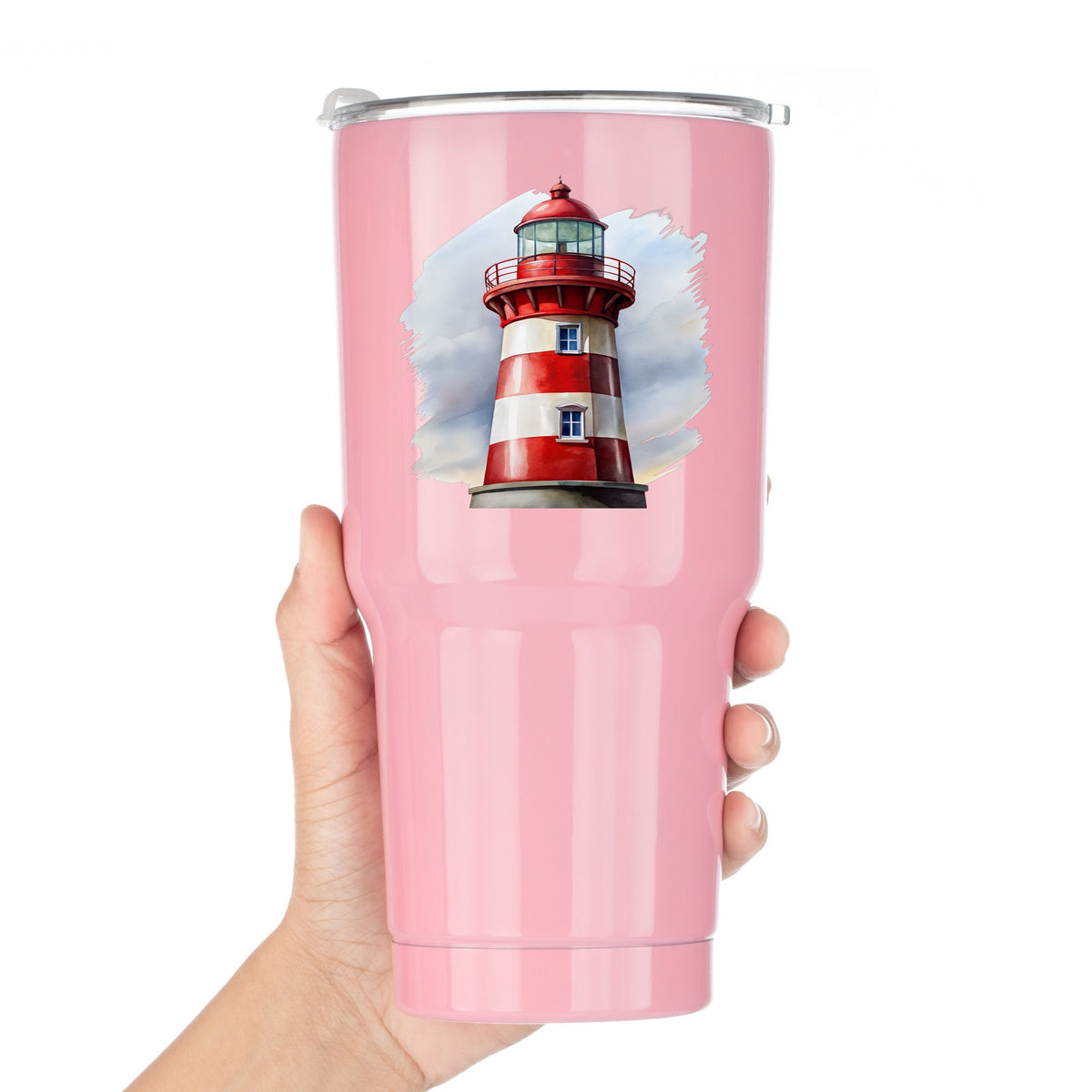 Red And White Lighthouse UV DTF sticker applied to a pink tumbler held against a white background