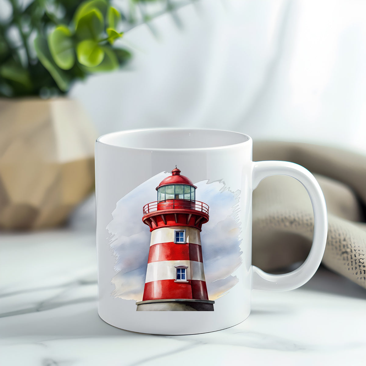 Red And White Lighthouse UV DTF sticker applied to a white coffee mug