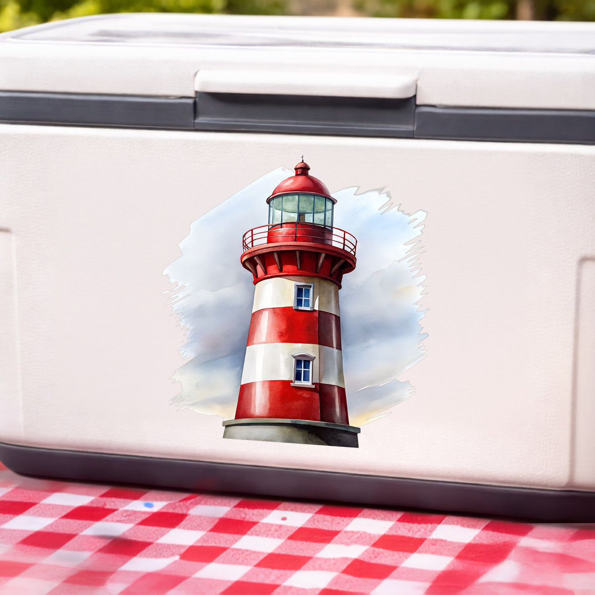 Red And White Lighthouse UV DTF sticker applied to a white cooler on a red gingham cloth