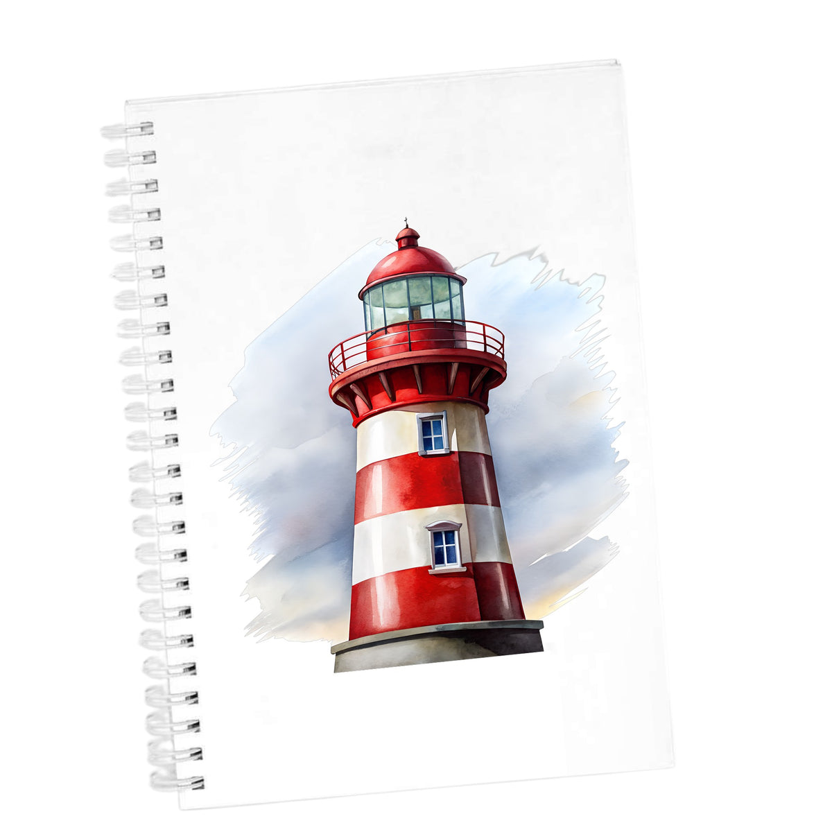 Red And White Lighthouse UV DTF sticker applied to the cover of a white spiral journal