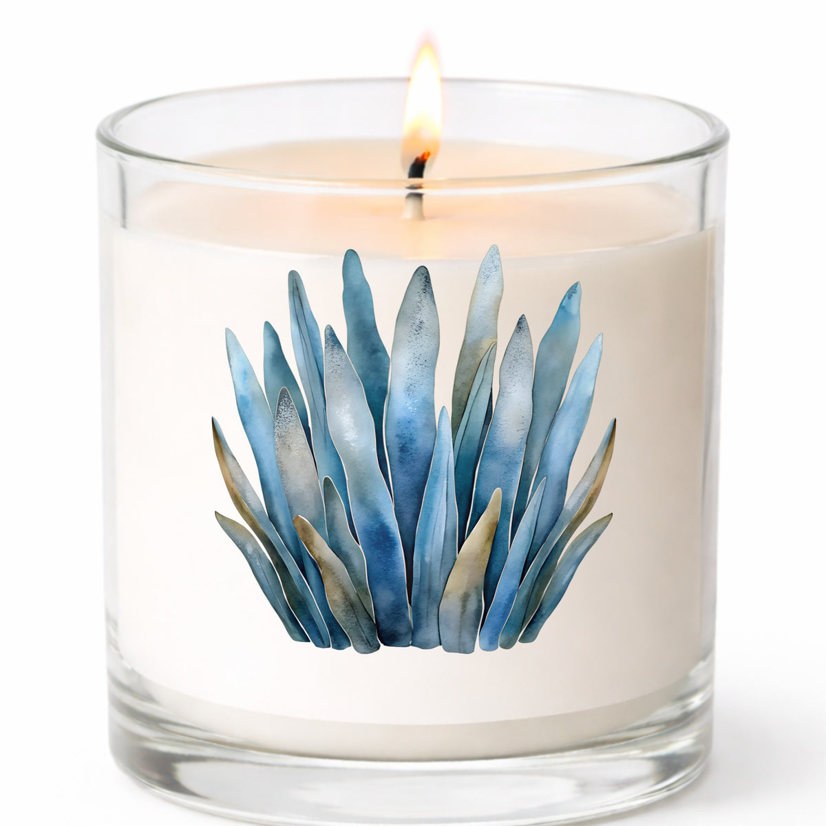 Blue Coastal Sea Grass UV DTF sticker applied to a white candle in a clear glass jar