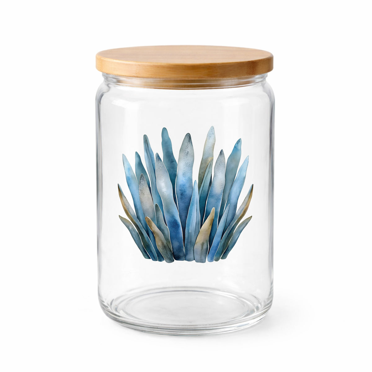 Blue Coastal Sea Grass UV DTF sticker applied to a clear glass jar with a wooden lid