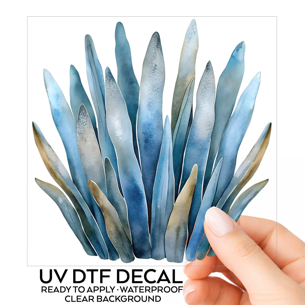 Blue Coastal Sea Grass UV DTF sticker on its backing card, held in hand