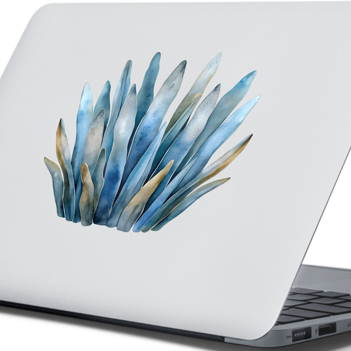 Blue Coastal Sea Grass UV DTF sticker applied to the lid of a silver laptop