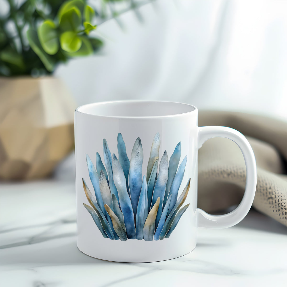 Blue Coastal Sea Grass UV DTF sticker applied to a white coffee mug