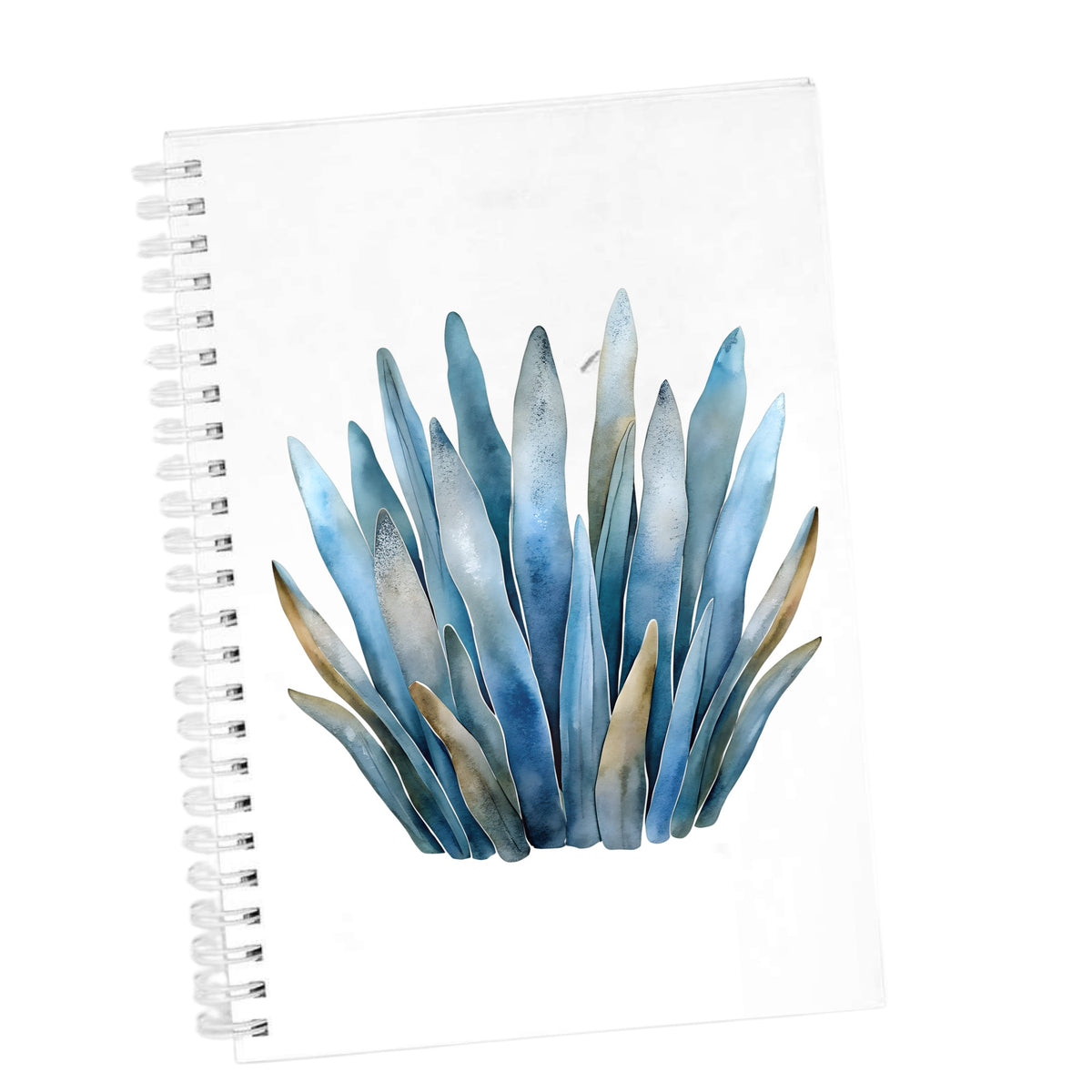 Blue Coastal Sea Grass UV DTF sticker applied to the cover of a white spiral journal