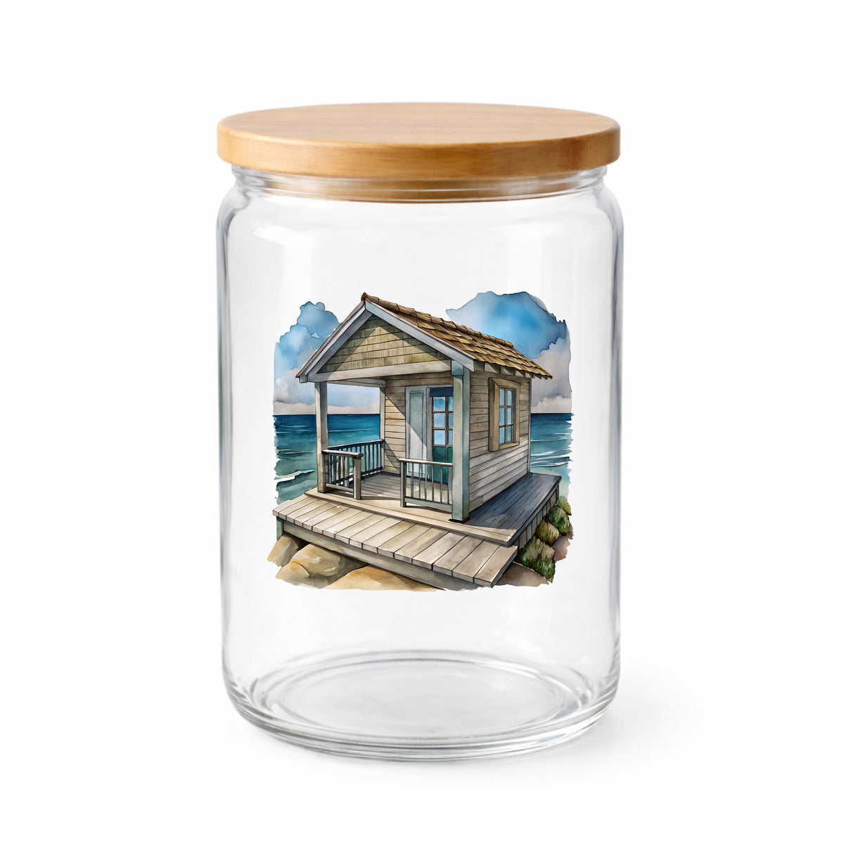 Beach Cottage Porch Ocean View UV DTF sticker applied to a clear glass jar with a wooden lid